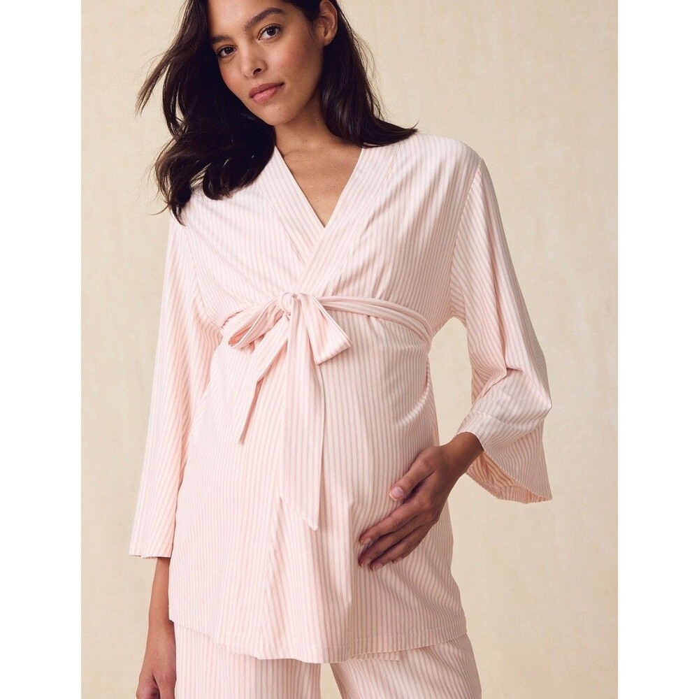 LAKE Maternity Dream Modal Kimono L Short Robe English Rose Stripe Soft Stretch
